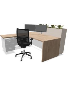 Luxe houten bureau ST450 recht en hoekbureau met beeldscherm en plantenbak