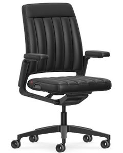 Bureaustoel Interstuhl vintage classic VI004 in zwart leder, vooraanzicht met holle wielen met smart Motion technology