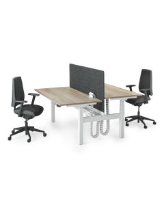 Zit-sta bureau flex 3+ bench voor 2 personen hoogte instelbaar met bureaustoelen en akoestische wand kabelmanagement
