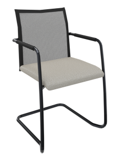 Alfa Vergaderstoel – Sledeframe, Hoge Rug met Netbespanning, zwart frame met lichtgrijze stoffering